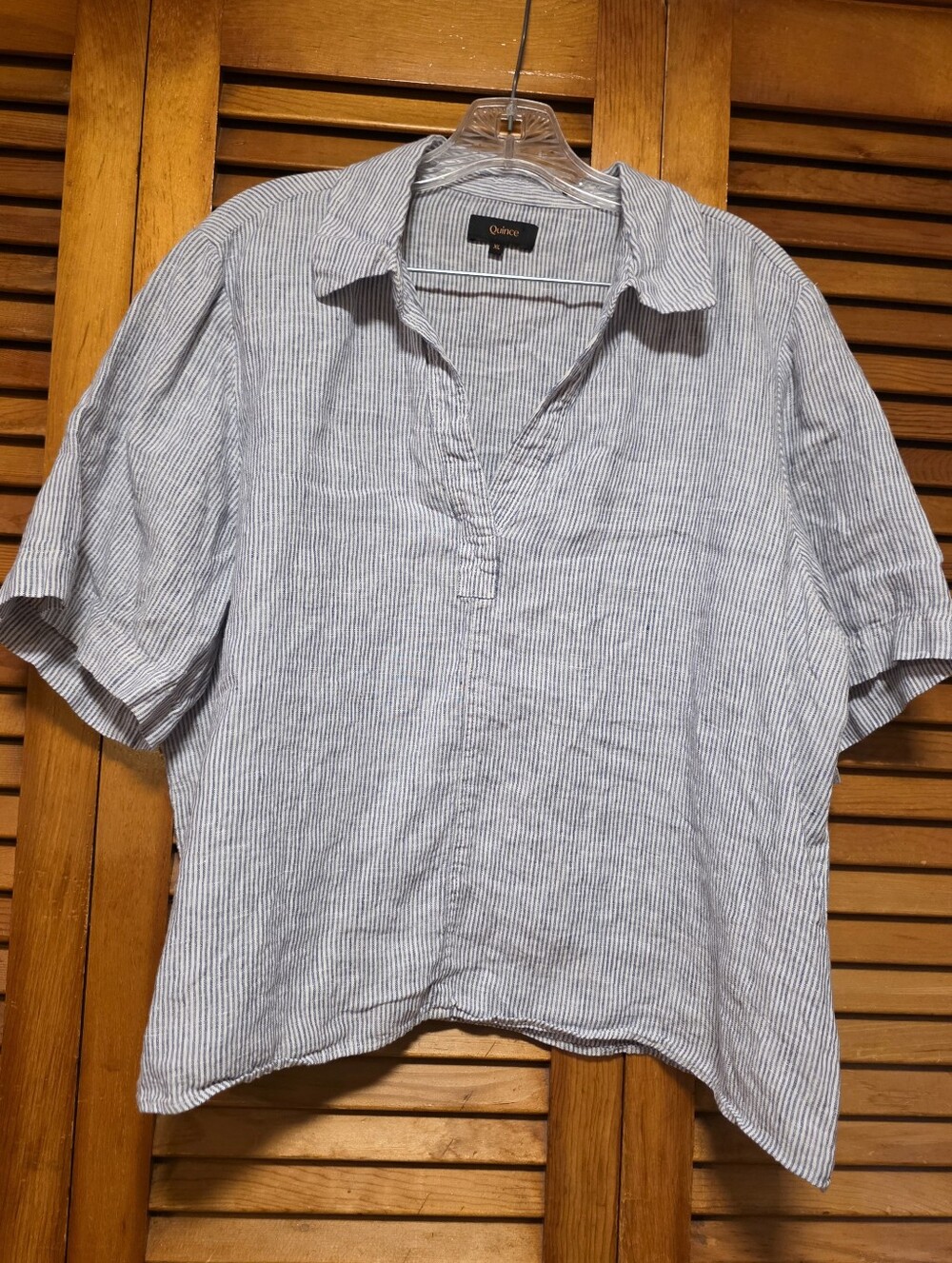Quince Blue Pinstripe 100% Linen Short Sleeve Popover Top Blouse XL 23”